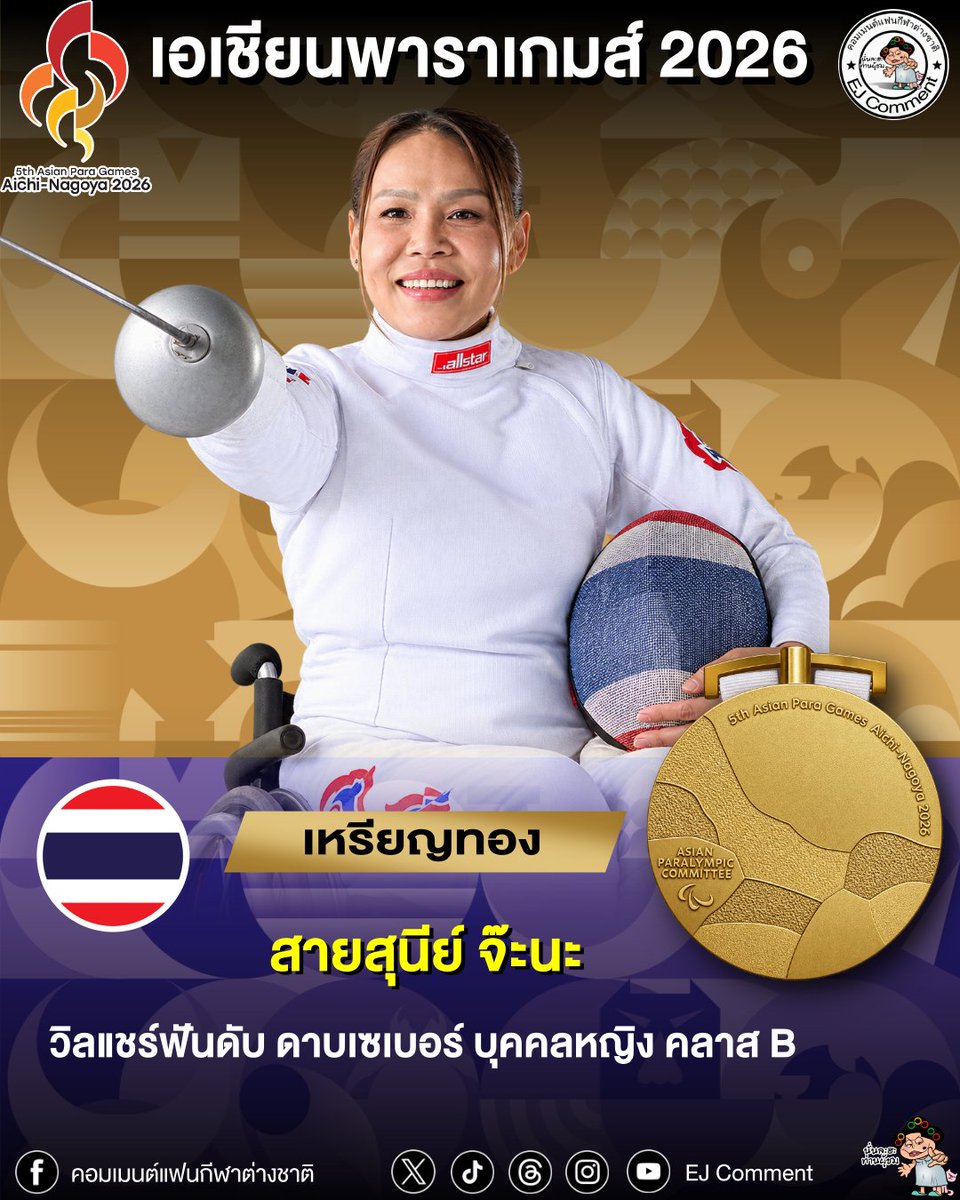 EJComment's tweet photo. 🥇แม่ก็คือแม่! 
🔥 รอคอยมานาน! "สายสุนีย์ จ๊ะนะ" ผงาดแชมป์ดาบเซเบอร์หญิง คว้าทองแรกของตัวเองในเอเชียนพาราเกมส์ 2026 🇹🇭⚔️
⚔️ ดาบเซเบอร์ บุคคลหญิง คลาส B รอบชิงชนะเลิศ
🥇 🇹🇭 สายสุนีย์ จ๊ะนะ🆚🇨🇳 อ๋าว หลานจู
✅ สายสุนีย์ ชนะ 15-3 คะแนน
🏆 คว้าเหรียญทอง

#AsianParaGames2026 https://t.co/F7QpWzwz1C