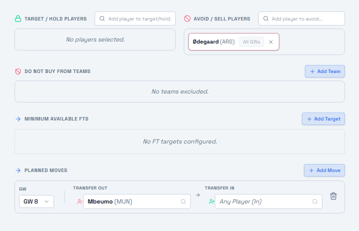 fplreview's tweet photo. Hey, the default settings should be totally fine to work with

There is a documentation site, which is in the process of being updated for the new interface, that will cover much of the settings- but typically I would suggest just running on default

In terms of suggestions- it absolutely will vary from team to team based on the circumstances, you can exclude specific players if you don't like them, or force specific transfers as you prefer

The image attached for example would block bringing in Odegaard, and will force solves to bring in Mbeumo this week

I'd suspect Saka being out increases the appeal of Ode for context though