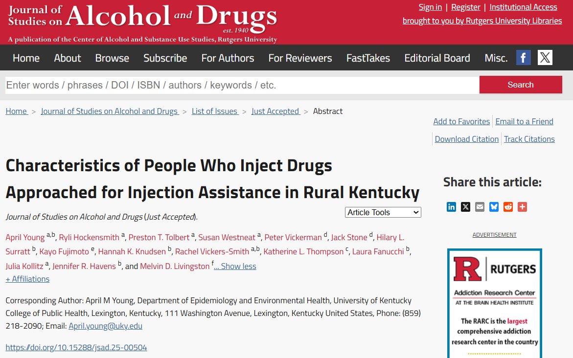 JSADJournal's tweet photo. Characteristics of People Who Inject Drugs Approached for Injection Assistance in Rural Kentucky (new in @JSADjournal)

by April Young, Ryli Hockensmith, Preston T. Tolbert, et al

@UKCPH @ResearchKY @UKarts_sciences @UTHealthSPH @EmoryRollins @BristolUni

https://t.co/19MbSKXnRc https://t.co/JAr9SRHxZU
