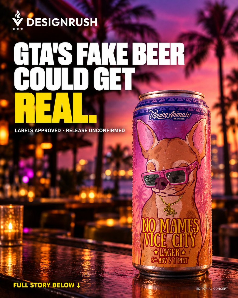 designrushmag's tweet photo. GTA’s next merch drop might belong in your fridge.

A Florida brewery has filed labels for Pißwasser, Patriot and No Mames Vice City.

No launch confirmed. But turning game lore into shelf space? That’s the marketing story.

Full story below ↓ https://t.co/EOdiNDjoO0