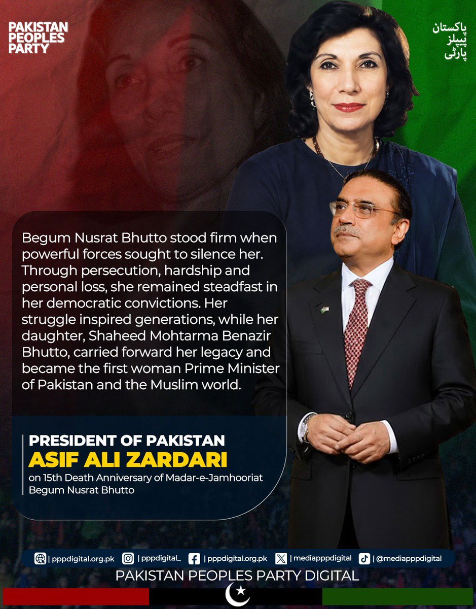 mediapppdigital's tweet photo. President Asif Ali Zardari pays tribute to Madar-e-Jamhooriat Begum Nusrat Bhutto, remembering her courage, immense personal sacrifices and unwavering commitment to democracy, women’s empowerment and the people of Pakistan on her 15th death anniversary. https://t.co/ygo5n7cm06