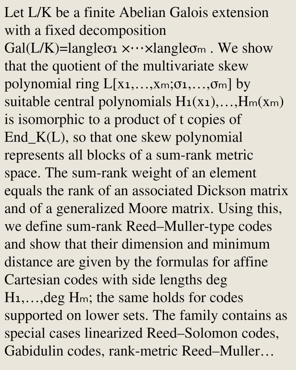 Encoding's tweet photo. Sum-rank analogues of Reed–Muller codes over Abelian Galois extensions

Alessandro Neri, Giuseppe Zampella
https://t.co/QCQbMMWPxz [𝚌𝚜.𝙸𝚃 𝚖𝚊𝚝𝚑.𝙲𝙾 𝚖𝚊𝚝𝚑.𝚁𝙰] https://t.co/N0gUDMocOC
