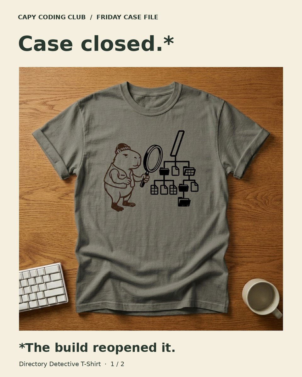 wearcapycoding's tweet photo. The coding agent fixed it. The next build unfixed it.

If the file is generated, trace it back to the source before patching it.

Friday uniform: Directory Detective. https://t.co/bNrFrWYOMT