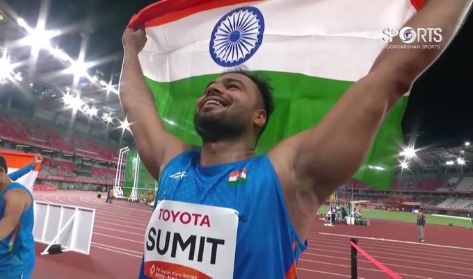 Fancricket12's tweet photo. Sumit Antil has won one more Gold Medal; this time at the Asian Para Games. He is almost invincible in his Javelin category. It is high time that we think of him as one of the finest sportspersons from India. 👏 

Oh! He came so close to breaking the 75 m mark at the Kanteerava.