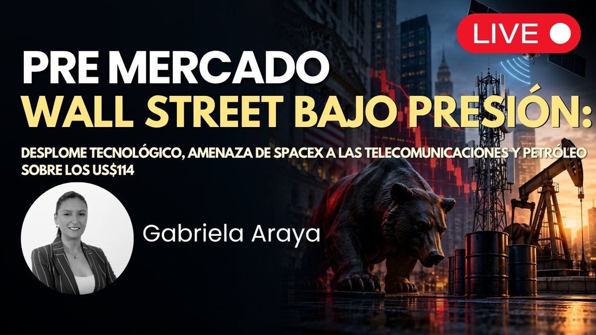 InvTrading's tweet photo. Wall Street bajo presión: desplome tecnológico, amenaza de SpaceX a las telecomunicaciones y petróleo sobre los US$114

Únete al Pre Mercado Americano en nuestro canal de YouTube junto a @GArayaFX a partir de las 08:30 NY. ¡Partimos en minutos! 💥 

Revisa lo más destacado de #WallStreet y #Forex.

Aquí! 👉 https://t.co/iLdNdpXxLW

#SpaceX #Petróleo  #WallStreet #Premarket