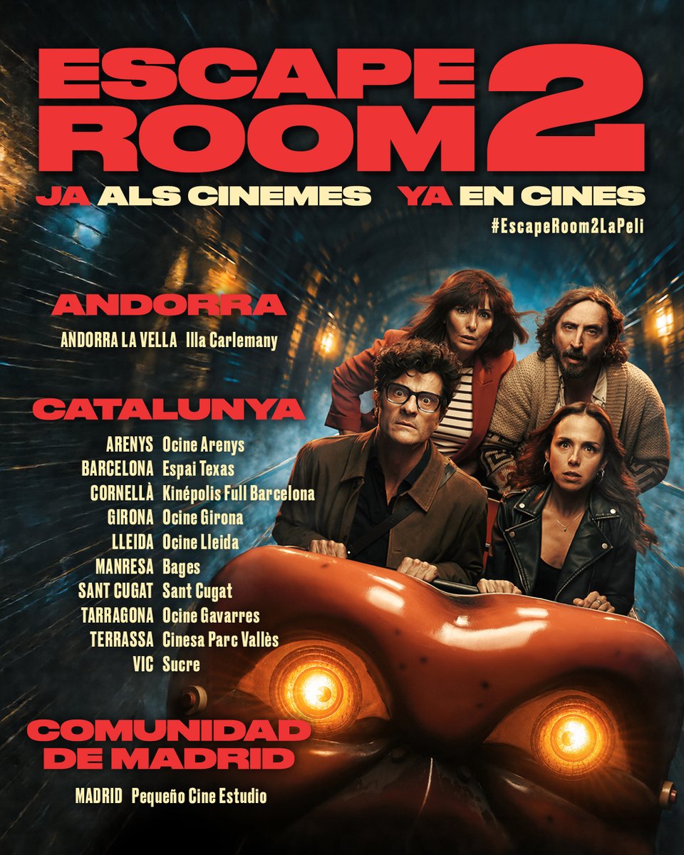 filmax's tweet photo. Tercera setmana a la cartellera. 🎟 #EscapeRoom2LaPeli, la comèdia més gamberra per gaudir en família. Ja als cinemes!  
*  
Tercera semana en cines. 🎟️ #EscapeRoom2LaPeli, la comedia más gamberra para disfrutar en familia. ¡Ya en cines! https://t.co/78BMvL6Rtu