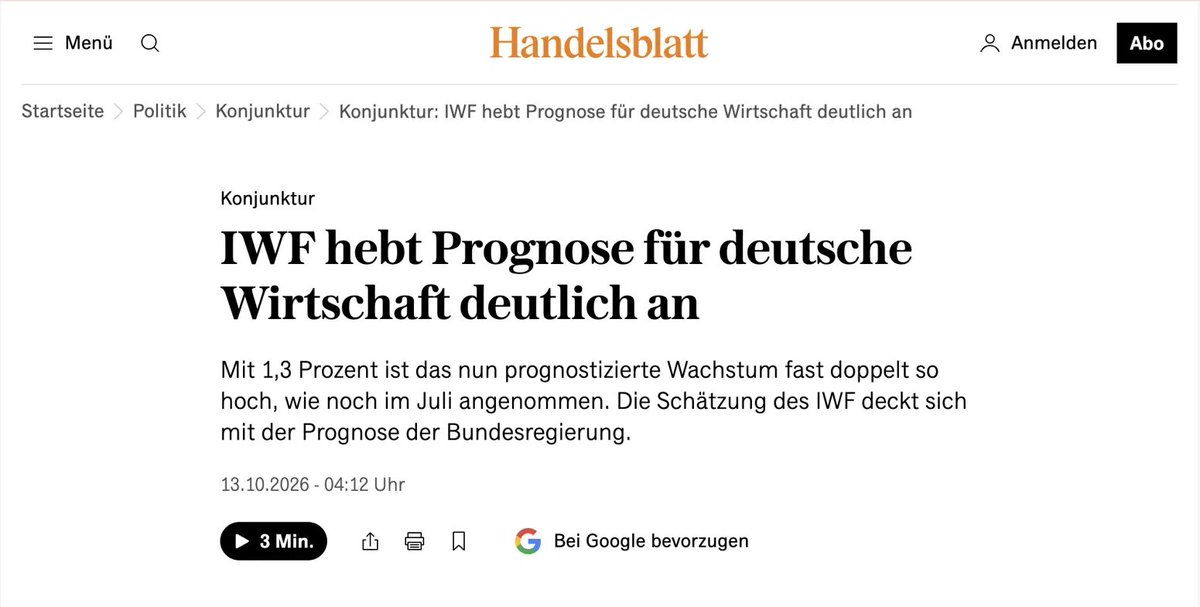 BitBeller's tweet photo. Der IWF hebt seine Prognose für Deutschland deutlich an: 1,3 % Wachstum für 2026, fast doppelt so viel wie im Juli erwartet und genau auf Linie mit der Bundesregierung. Die Schlagzeilen klingt, als wären wir über den Berg.

Doch woher kommt das Wachstum? Staatliche Investitionen steigen dieses Jahr um 2,7 % und nächstes Jahr um 6,6 %. Private Investitionen: magere 0,2 Prozent. (!)

Das Wachstum kommt nicht aus der Wirtschaft, es wird aus der Zukunft gestohlen. Allein 2026 macht der Staat rund 180 Milliarden Euro neue Schulden, und die Geldmenge im Euroraum wächst den vierten Monat in Folge schneller. Mehr Geld im System, die Zahlen steigen, die Leute glauben an den Aufschwung.

Dieses Muster gab es schon einmal...

Nach dem Ersten Weltkrieg wurde die Geldmenge massiv ausgeweitet, 1920 kehrte Ruhe ein. Über ein Jahr lang wirkte alles stabil. Der Staat pumpte weiter Geld in die Wirtschaft, die Produktion wuchs, fast Vollbeschäftigung, alle dachten, das Schlimmste sei vorbei. Später nannte man das „Inflationskonjunktur". Mir gefällt dieser Ausdruck, weil man das heutige Geschehen genau so bezeichnen kann.

Ab Sommer 1921 beschleunigte sich die Geldentwertung wieder, 1922 kippte die Lage, und im Juli 1923 kostete ein Dollar eine Million Mark. 

Die Ersparnisse einer ganzen Generation waren weg.

Heute ist der Verlauf erschreckend ähnlich: In der Corona-Zeit wuchs die Geldmenge um 12,5 % pro Jahr, dann beruhigte sie sich, alle atmeten auf. Jetzt zieht sie wieder an, während das Wachstum mit neuem Geld subventioniert wird.

Wir befinden uns noch nicht in einer Hyperinflation. Aber wir stecken genau in der Phase, in der die Menschen denken, dass es wirtschaftlich wieder bergauf geht.