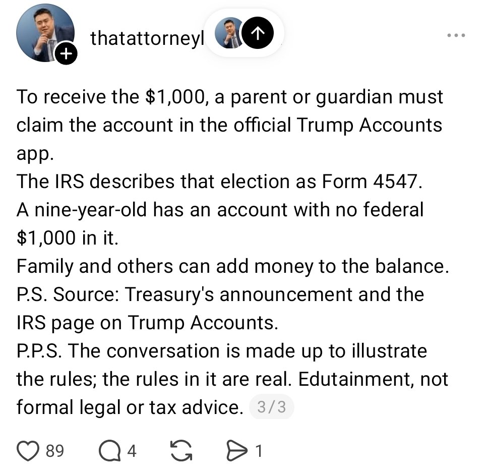 FullOfGraceUS's tweet photo. Lawyer explains how the trump kids accounts really work.
Spoiler: its a scam. 

Please just open an account for your children at a reputable bank. 

BTW, theres no beneficiary for the trump accounts. Your child dies, you lose every dime. 

Yes. The trump family found a way to take money from dead babies.  Maga voted for this!