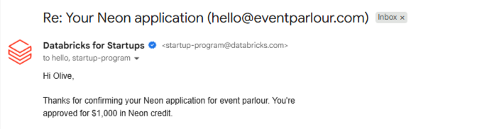 olivebishop_dev's tweet photo. Heads up @event_parlour  been approved for neon DB for startups, thank you so much for the support @neondatabase 🩷🫶 https://t.co/UhaSfbqOZT