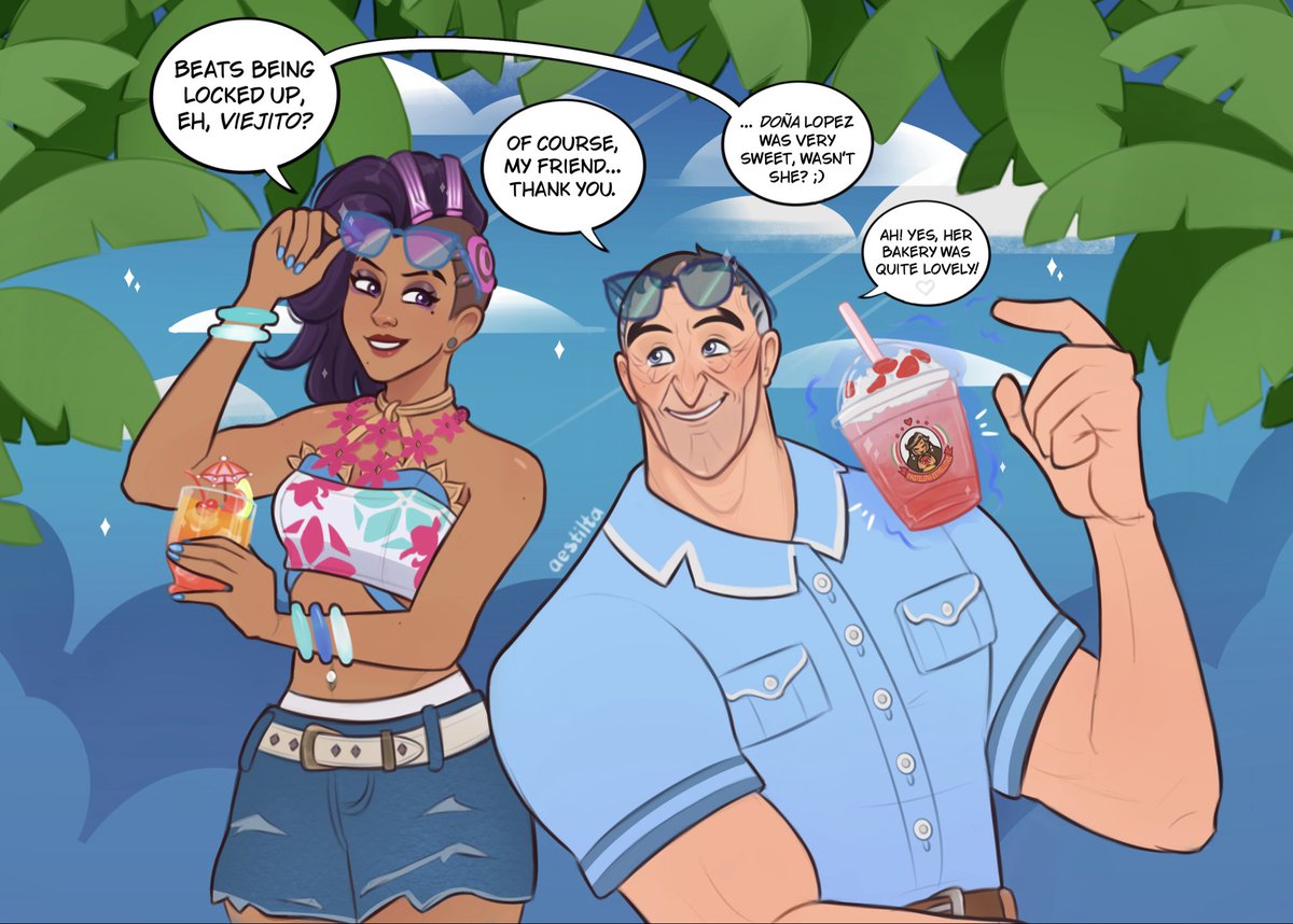 aestilta's tweet photo. “… we go anywhere we want.” So, abuelito and his dear granddaughter go to the beach and get drinks! c: ☀️⛱️
#overwatchfanart #sigma #sombra https://t.co/qs3SEMWcAv