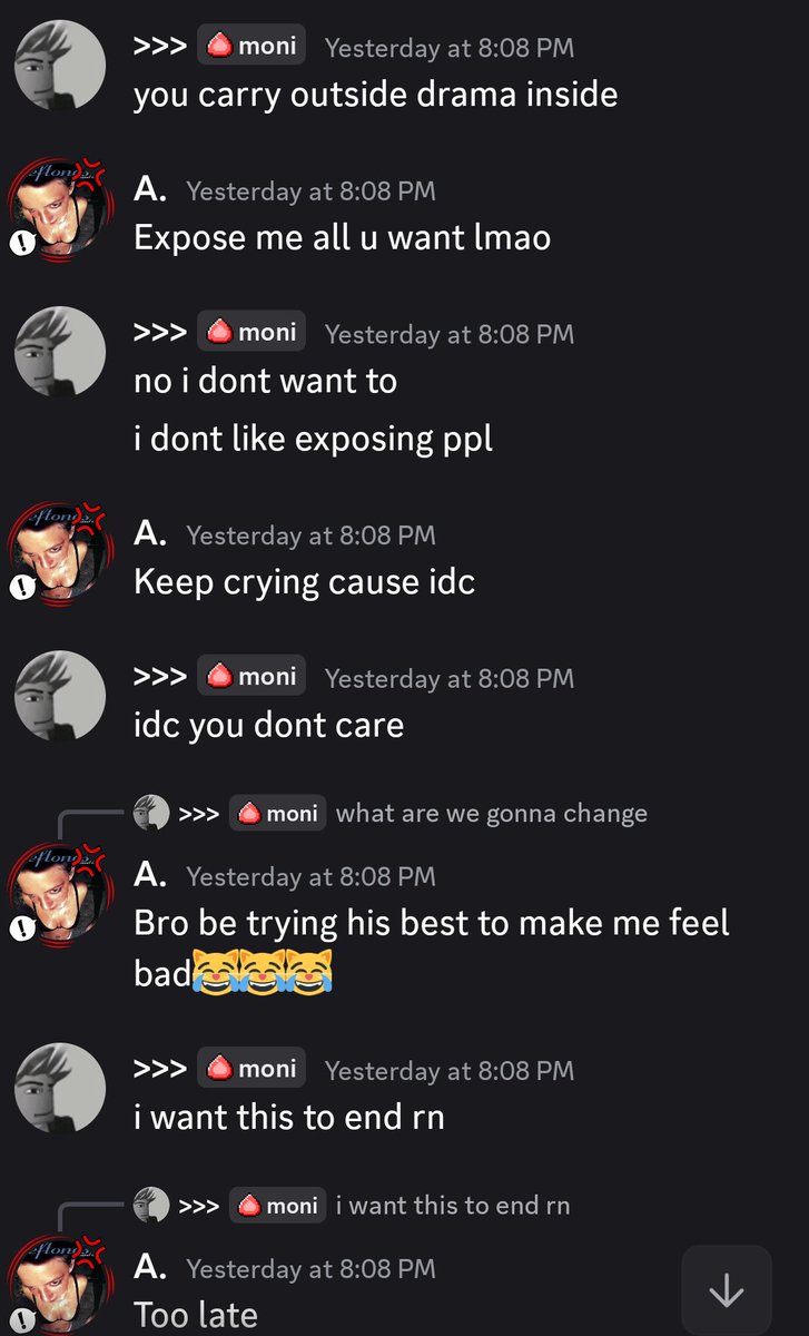angel_f4una's tweet photo. For y'alls information, moni said to my bsf that he'll expose me when I get close to other rtc members (I also have screenshot)

"I came to apologise" and he called me a goldigger when I didn't have any interaction w him in @Axosaurus's server AT ALL when he joined https://t.co/UsZVMlfQbj