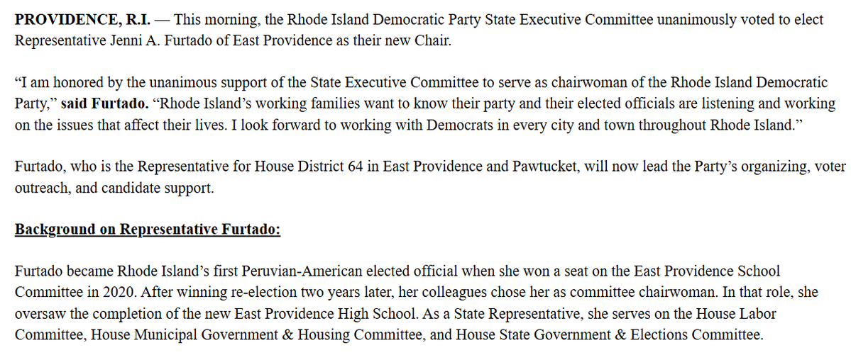 FitzProv's tweet photo. RI Democratic Party executive committee votes to make Rep. Jenni A. Furtado, D-East Providence, the new party chairwoman, replacing Liz Beretta-Perik, who resigned after her husband was indicted on fraud charges. https://t.co/ZjpoDLdYCd