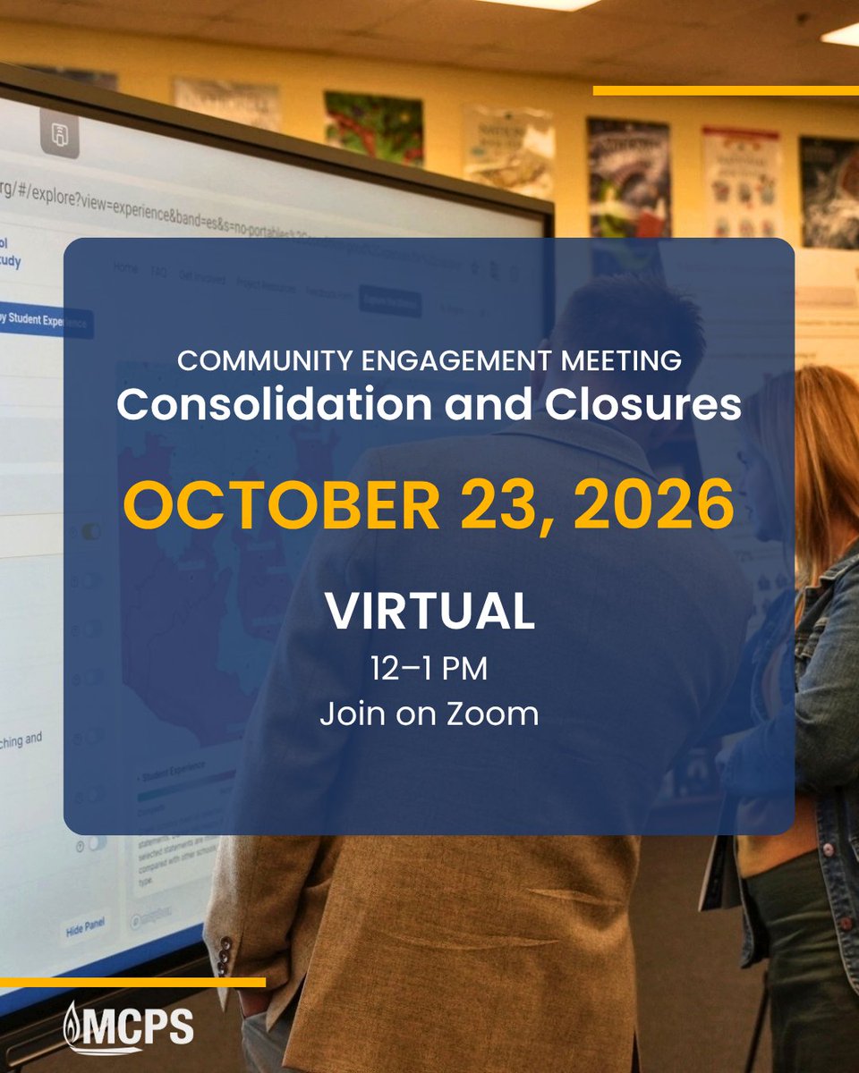 MCPS's tweet photo. Have you joined the conversation? MCPS continues its community meetings on the Elementary and Middle School Consolidation and Closure Study today. Learn more and find a location near you at https://t.co/IOWKbkTngS https://t.co/Jwv9OQjYHR