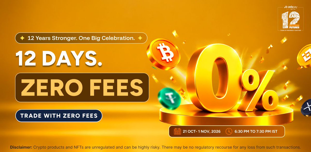 zebpay's tweet photo. 12 years stronger. And we're celebrating with 12 days of Zero Fees! 🎉

Trade with zero trading fees on all INR and USDT pairs across Quick Trade and Exchange.

📅 21 Oct – 1 Nov 2026
⏰ 6:30 PM – 7:30 PM IST, for one hour every day.

One hour. Zero trading fees. 12 days of celebration! 

#ZebPayTurns12 #12YearsOfZebPay #CryptoIndia
