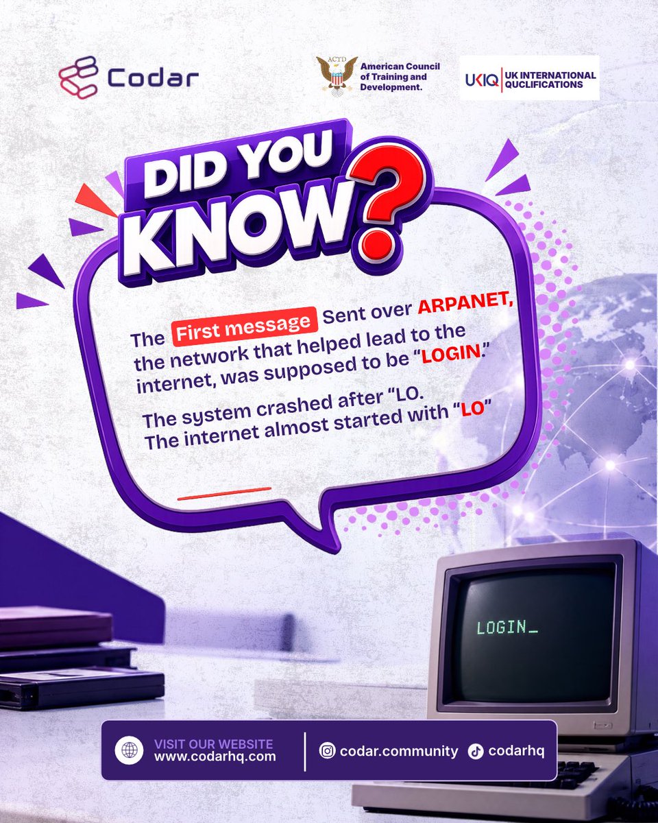 codarnigeria's tweet photo. The internet’s first message was supposed to be “LOGIN,” but the system crashed after just two letters: “LO.” 💻🌐

Imagine explaining that to someone in 1969!

Follow CODAR for more tech facts. 👀

#TechFacts #InternetHistory #CODAR https://t.co/BrtvdpDras