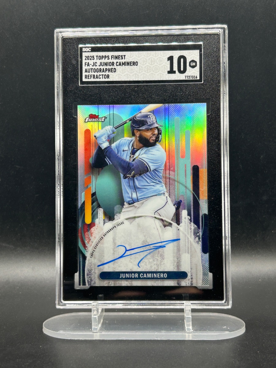 Ob1JohnKenob1's tweet photo. The Rays are in the World Series for the third time in franchise history.

Junior Caminero, 2025 Topps Finest auto refractor, SGC 10.

#thehobby https://t.co/PCcTyAPNrq