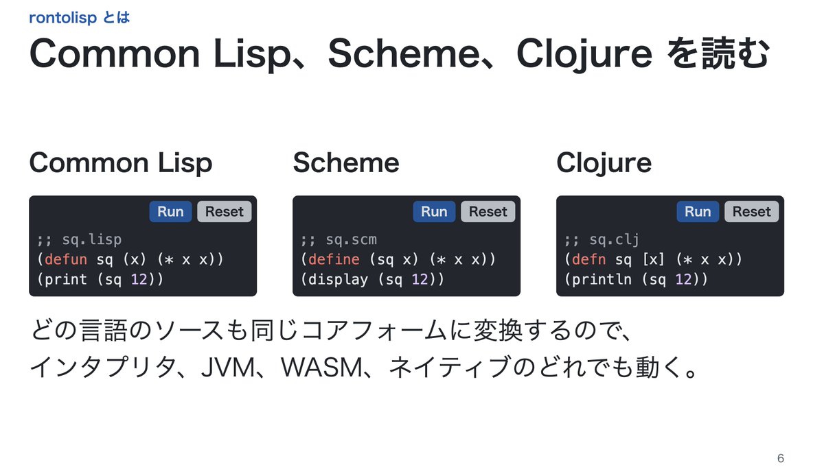 making's tweet photo. https://t.co/dqKStmbyKq
rontolisp(Javaで実装したCommon Lisp処理系、SchemeもClojureも読み込める)の入門スライドを作った。スライド上でプログラムを実行できる。 https://t.co/eD1Uk2ePjU