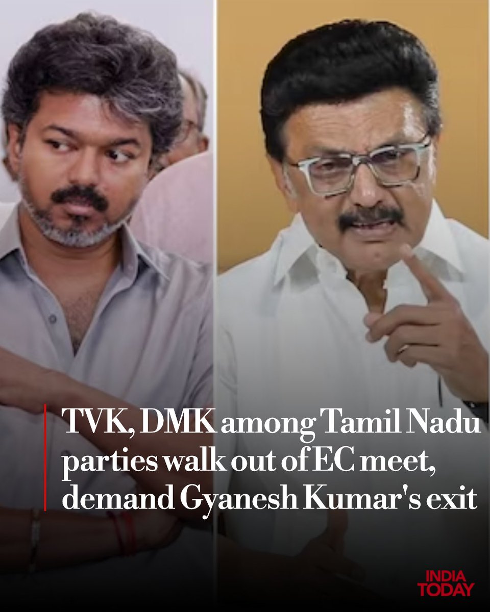 IndiaToday's tweet photo. Several political parties in Tamil Nadu, including the ruling TVK led by Joseph Vijay, its allies Congress, VCK and Left parties and the principal opposition DMK, boycotted an all-party meeting convened by the Election Commission on Friday to discuss the Special Summary Revision (SSR) of electoral rolls. They demanded the resignation of Chief Election Commissioner Gyanesh Kumar over alleged irregularities in the revision exercise.

#TamilNadu #ElectionCommission #DMK #TVK #GyaneshKumar | @anaghakesav 

Read More: https://t.co/kzWEKYhLYY