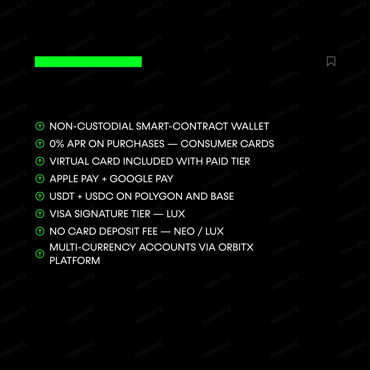 JoinTODEY's tweet photo. 💳 CRYPTO CARD OF THE DAY - ORBITX CARD

@OrbitX_Pay OrbitX pairs a Visa credit card with a non-custodial smart-contract wallet. Neo and Lux support USDT and USDC on Polygon and Base.

Learn More
https://t.co/2zyz5IfgCF https://t.co/UUu17ZxmVL