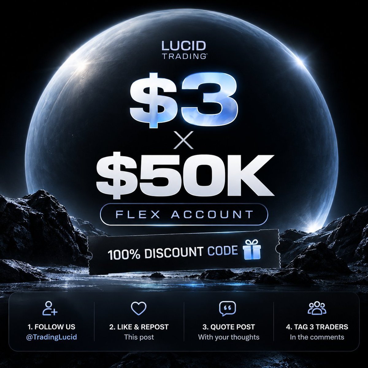 Mukul_FX's tweet photo. 3 × $50K Lucid Trading Flex Account Giveaway! 🎁

Get a 100% discount code to claim your free account 🔥

To enter:
✅ Follow @Mukul_FX @TrustedPropHub
❤️ Like &amp; Repost the Quoted post
👥 Tag 3 traders in the comments

Let's see who's grabbing this $50K Flex Account! 🚀 https://t.co/yNgnYXuPnC