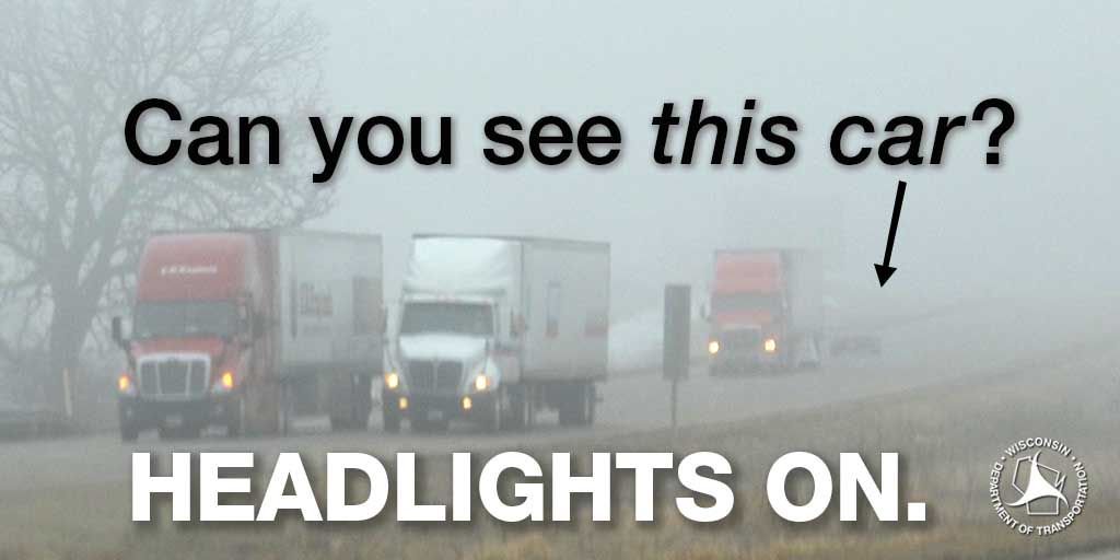 511WI's tweet photo. Foggy conditions? Manually turn on your headlights, not just auto or daytime running lights, so your taillights turn on too. Don't be invisible, slow down and stay alert. https://t.co/a3i46UxrJm