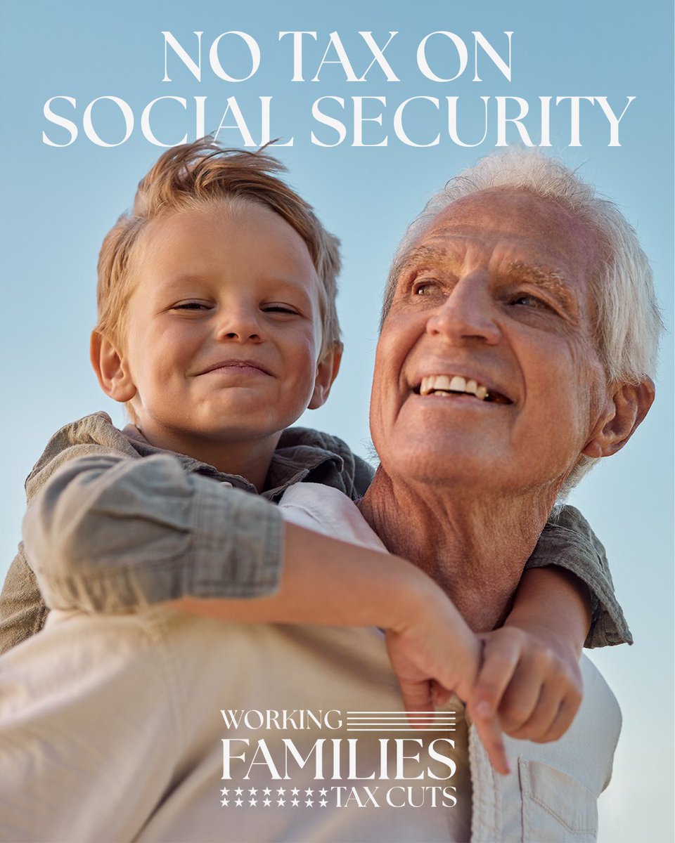 A campaign-style graphic shows a smiling older man holding a young boy against a clear blue sky. Large promotional text appears above them, with a logo and slogan near the bottom.