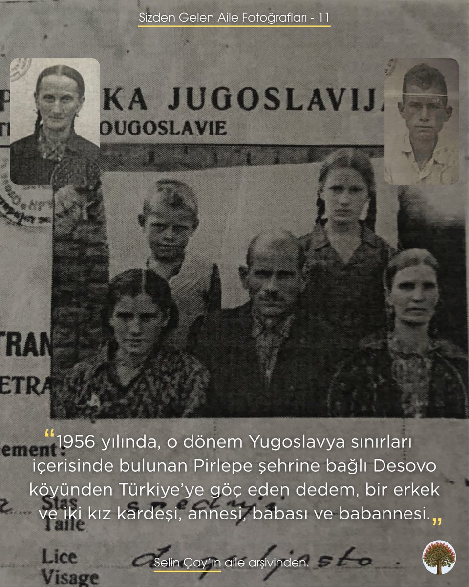 rumelihafiza's tweet photo. 1956 yılında, bugün Kuzey Makedonya sınırları içerisinde yer alan Pirlepe şehrindeki Desovo köyünden Türkiye’ye göç eden bir ailenin toplu fotoğrafı.
“1956 yılında, o dönem Yugoslavya sınırları içerisinde bulunan Pirlepe şehrine bağlı Desovo köyünden Türkiye’ye göç eden dedem, bir erkek ve iki kız kardeşi, annesi, babası ve babannesi.”
Aile arşivini bizlere açan Sayın Selin Çay’a çok teşekkür ederiz.