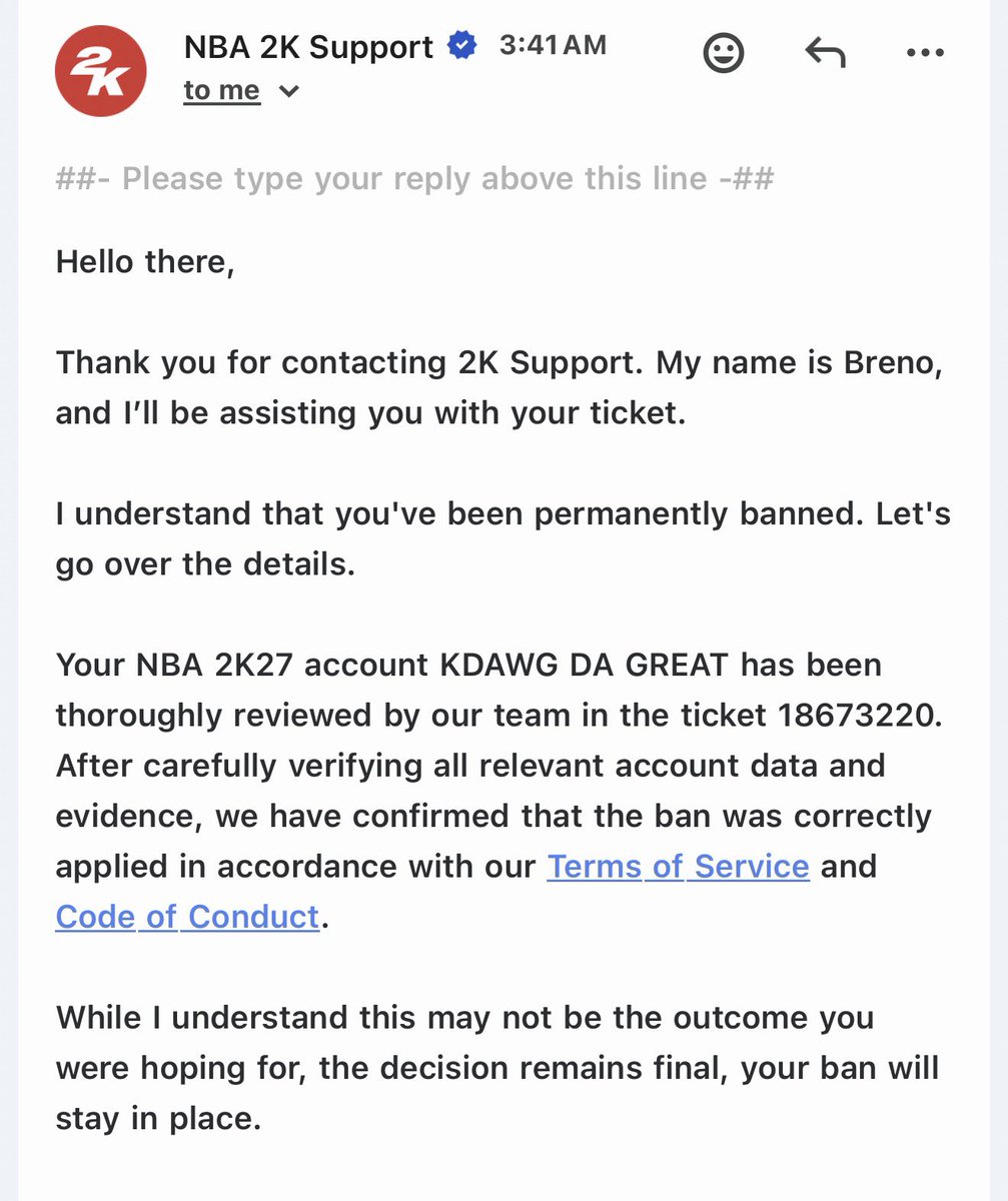 KDUCE561's tweet photo. It's official the people who work for @2KSupport do not communicate with each all. I've been on my new account didn't check my email so when I saw I got unbanned on the 19th then got banned again this morning lol you guys need to get it together. #Justsad @NBA2K https://t.co/BW7jJYTteH