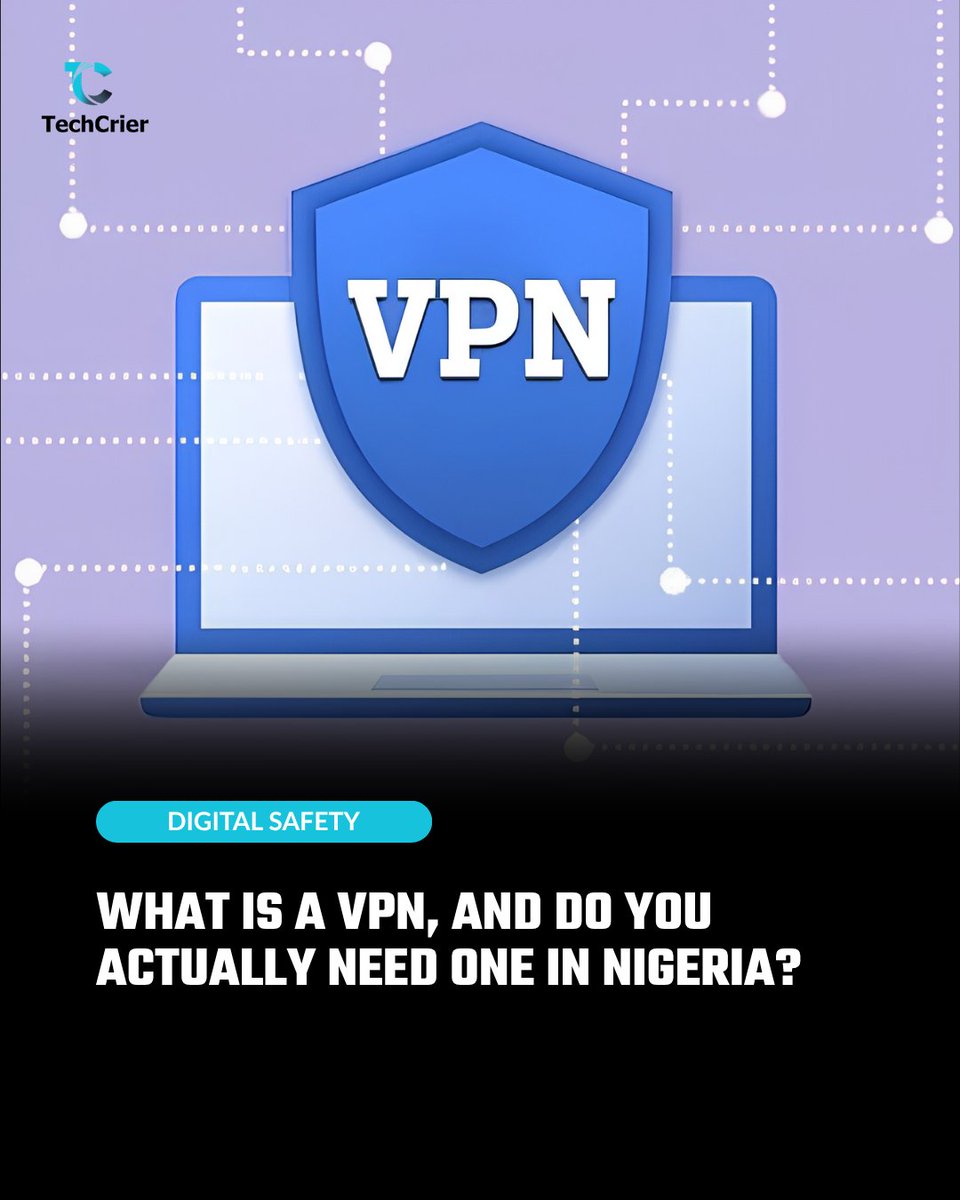 techcrier's tweet photo. Do you actually need a VPN in Nigeria? 
It can protect traffic between your device and a VPN server and hide your usual IP address from websites.
A useful tool not a magic shield.

Read More on TechCrier:
https://t.co/sCtXJrUgFc

#TechCrier #CyberSecurity https://t.co/iFv0wjkJne