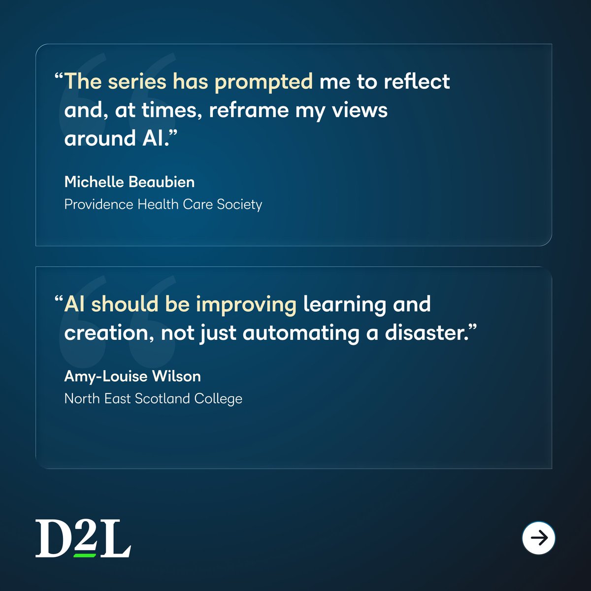 D2L's tweet photo. What are we taking away from AI Literacies in Practice? 💭 

D2L Champions share why AI literacy calls for intention, critical thinking and reflection.

Join us Oct 27 as we explore Communicative + Cognitive AI Literacies. 

Register now: https://t.co/ujaEqTlzQN https://t.co/hMDfMCEZtb