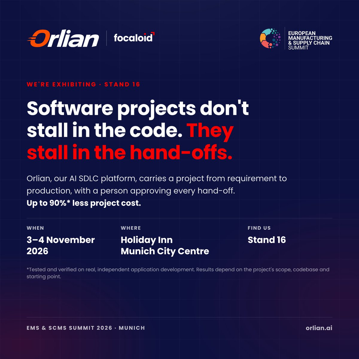 focaloidInc's tweet photo. We're bringing Orlian to the European Manufacturing &amp; Supply Chain Summit in Munich, 3–4 November. Find us at Stand 16, Holiday Inn Munich City Centre, or DM us to set a time.

#EMSSummit2026 #Focaloid #Orlian #AISDLC #ManufacturingIT #Munich https://t.co/zicHhHdoZu