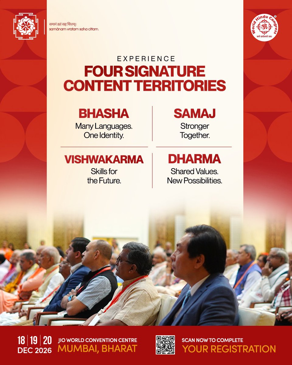 WHCongress's tweet photo. Ideas that inspire. Connections that matter. A vision that brings the world together. Be part of the World Hindu Congress 2026.

📍 Jio World Convention Centre, Mumbai, Bharat | 18–20 December 2026
Secure your registration today.
https://t.co/prD4vRGaMm
#WHC2026

[ International Conference in Mumbai | Hindu Community Event | Business Networking Events | Conferences in Mumbai 2026 | Global Hindu Community | Entrepreneurship Events ]