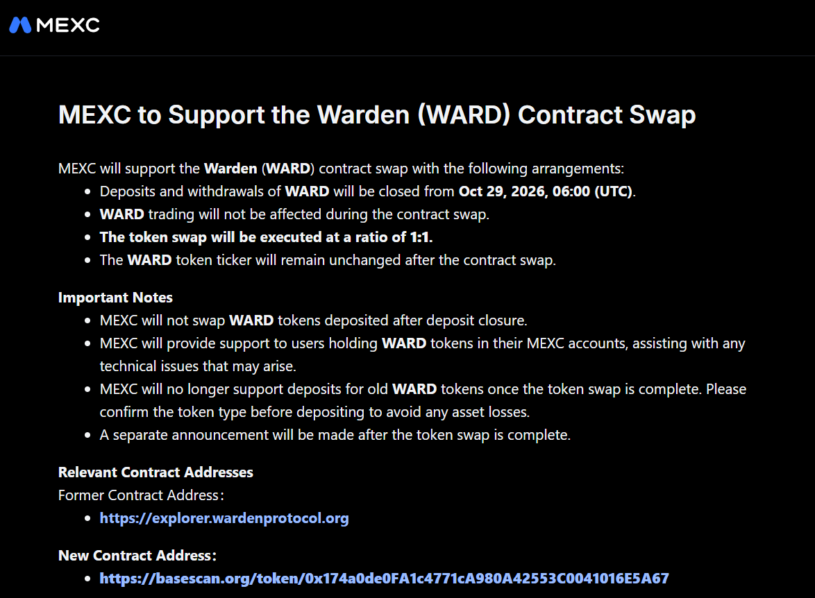 wardenprotocol's tweet photo. MEXC will handle the $WARD migration for its users. 
No action needed, and $WARD trading on MEXC continues during the swap.

Thank you, @MEXC! https://t.co/sLtqkdT0q6