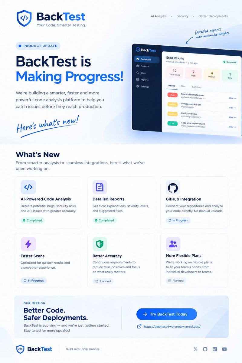OnyedikaN59023's tweet photo. 🚀 Building BackTest, one step at a time.
Developers shouldn’t have to wait for production to discover problems in their code.
That’s why I’m building BackTest.
Check it out 👇
https://t.co/vyOelPl0SS
#BuildInPublic #DevTools #AI #SoftwareEngineering https://t.co/SQ2OD7hkf7