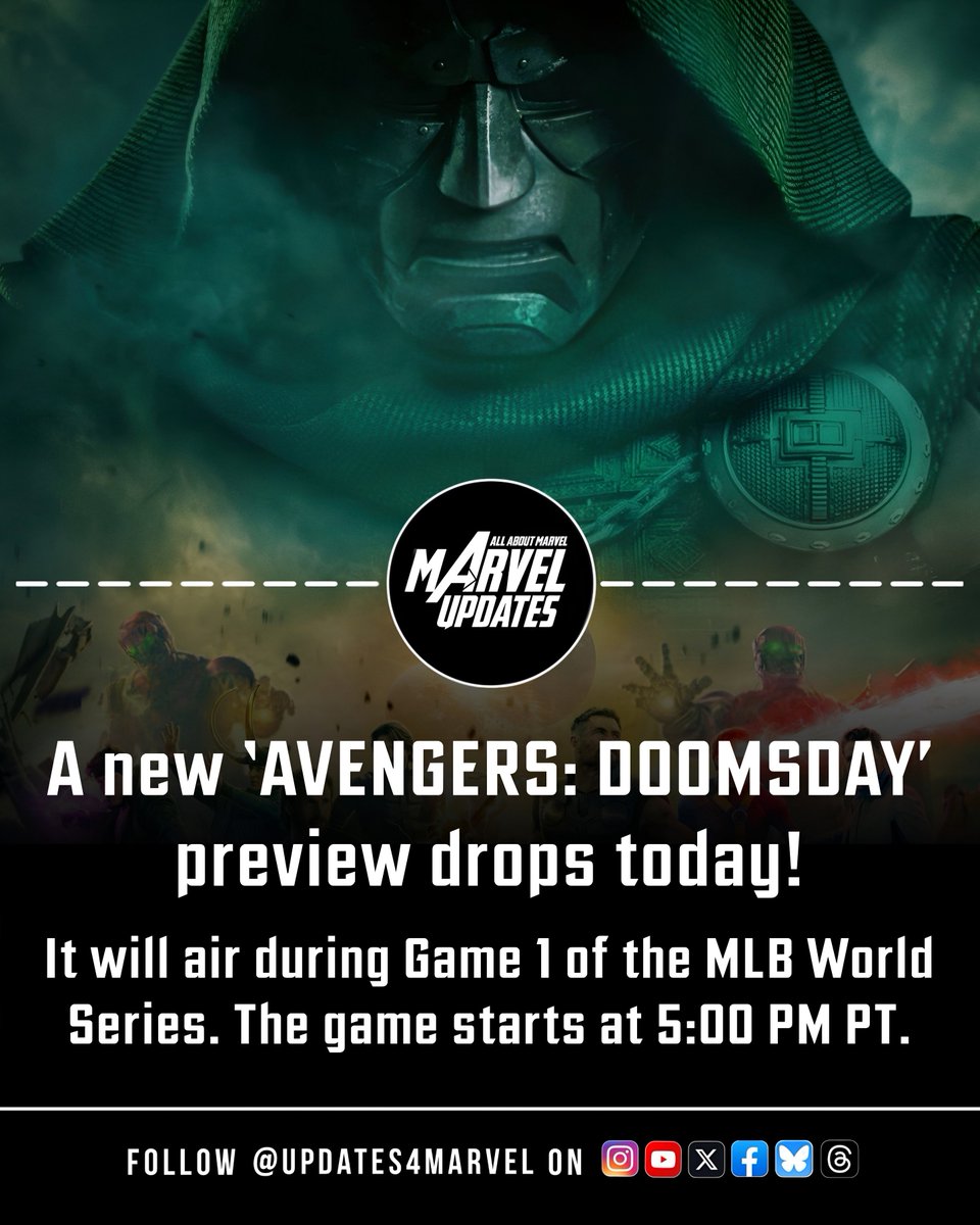 Updates4Marvel's tweet photo. A new ‘AVENGERS: DOOMSDAY’ preview drops today during Game 1 of the MLB World Series, starting at 5:00 PM PT!

#AvengersDoomsday #Marvel #MCU https://t.co/FWbVZiIRsM
