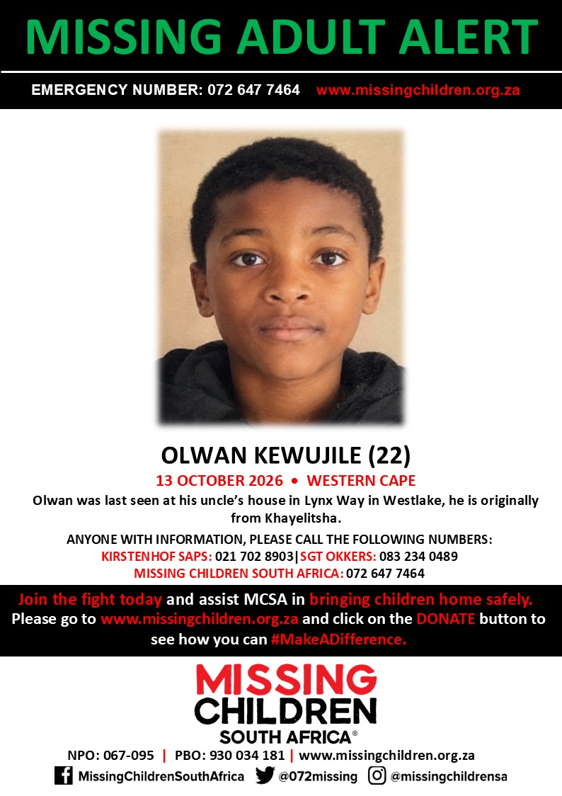 072MISSING's tweet photo. #MCSAMissing 

Olwan Kewujile (22) was last seen 13 October 2026.

If you personally, or your company | or your place of work, would like to make a donation to #MCSA, please click here to donate: https://t.co/x07yLZW7KQ Thank you https://t.co/rWFwXK7srl