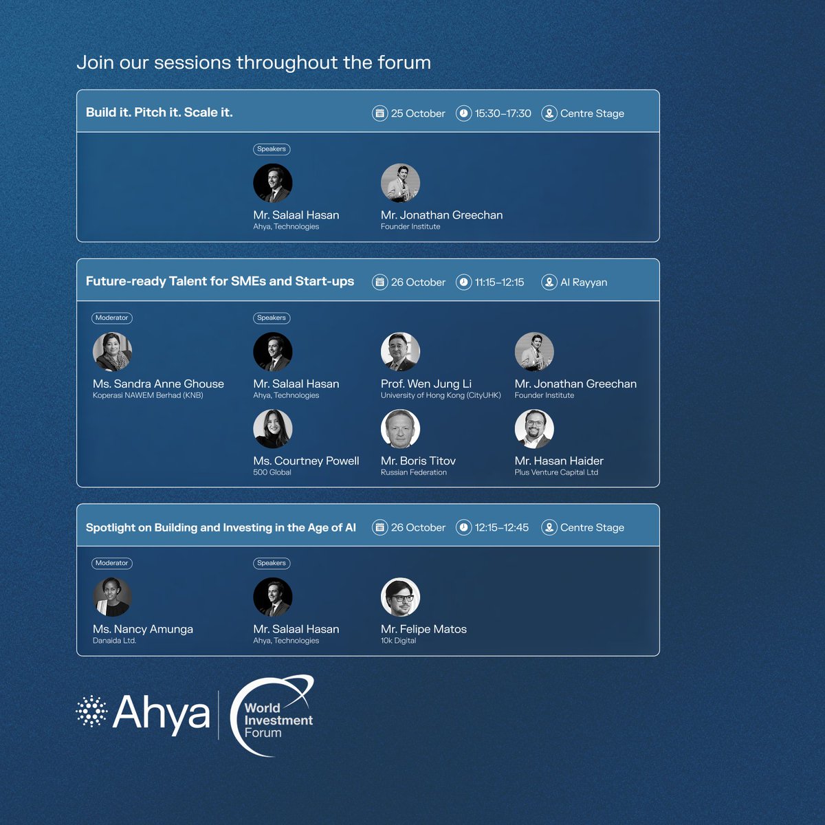 ahyatech's tweet photo. Ahya is excited to announce our participation in the 9th edition of the World Investment Forum, organized by UN Trade and Development (UNCTAD) in partnership with the Ministry of Commerce and Industry of Qatar. 

Our founder & CEO, Salaal Hasan, will take the Center Stage to explore how frontier AI models are reshaping sustainable development and bridging critical institutional voids across the Global South, in the following sessions.

Session 1 - Build. Pitch. Scale. Showcase
Session 2 - Future-ready Talent for SMEs and Start-ups
Session 3 - Building & Investing in the Age of AI

Register here: https://t.co/KIShoDgygG

@UNCTAD | @MOCIQatar 

#WIF2026 #Reenliven