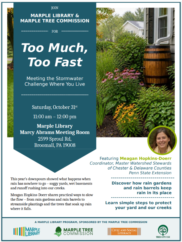 MarpleLibrary's tweet photo. Adults, mark your calendars to join us 11am October 31. Plan to drop in for this Marple Tree Commission sponsored program to help you meet the Stormwater​ Challenge where you live. https://t.co/VVO4mtMymV