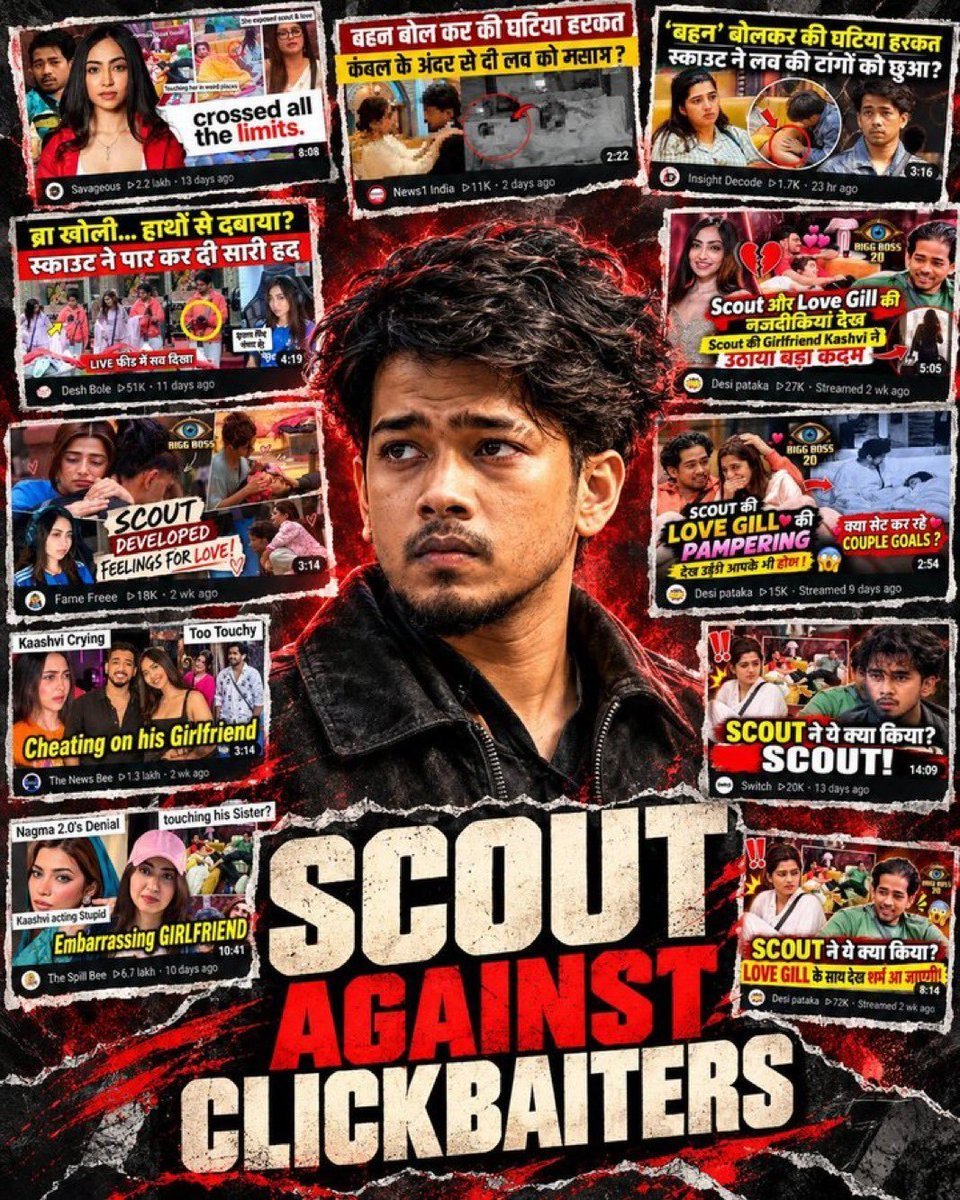 Sakthlondaf2d0's tweet photo. The misleading and demeaning thumbnails being used on YT has crossed their line. These YouTubers using such CLICKBAIT for VIEWS and ENGAGEMENTS is utterly disgraceful.

SCOUT AGAINST CLICKBAITERS
@YouTubeIndia  #ScoutOP #BB20 https://t.co/sWnYv3SFF6
