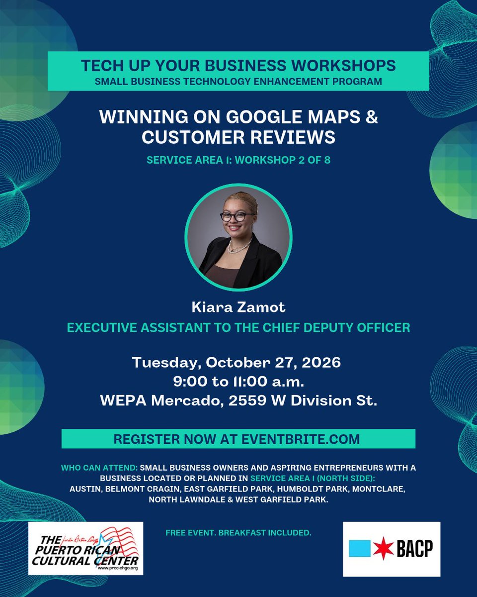 jacprcc's tweet photo. 📍 When someone nearby searches for what you sell, will they find you? Join PRCC and BACP for Tech Up Your Business Workshop 2: Winning on Google Maps & Customer Reviews! Learn how to set up your free Google Business Profile, improve your visibility, and manage customer reviews: Tuesday, October 27, from 9 to 11 a.m. at ¡WEPA! Mercado del Pueblo (2559 W. Division St).

Open to small business owners and aspiring entrepreneurs in Service Area 1: Austin, Belmont Cragin, East Garfield Park, Humboldt Park, Montclare, North Lawndale, and West Garfield Park. Register for FREE here 👉🏽 https://t.co/4cHheiHlDo
—
📍 Cuando alguien cerca busque lo que vendes, ¿encontrará tu negocio? ¡Acompaña al PRCC y BACP en el segundo taller de Tech Up Your Business: Destaca en Google Maps y aprovecha las reseñas de tus clientes! Aprende a configurar tu Perfil de Empresa en Google gratis, mejorar tu visibilidad y responder a las reseñas: martes, 27 de octubre, de 9 a 11 a.m. en ¡WEPA! Mercado del Pueblo (2559 W. Division St).

Dirigido a dueños de pequeños negocios y futuros emprendedores en el área de servicio 1: Austin, Belmont Cragin, East Garfield Park, Humboldt Park, Montclare, North Lawndale y West Garfield Park. ¡Inscríbete GRATIS aquí 👉🏽 https://t.co/4cHheiHlDo

#TechUpYourBusiness #ChicagoSmallBusiness #PRCC #PequeñosNegocios