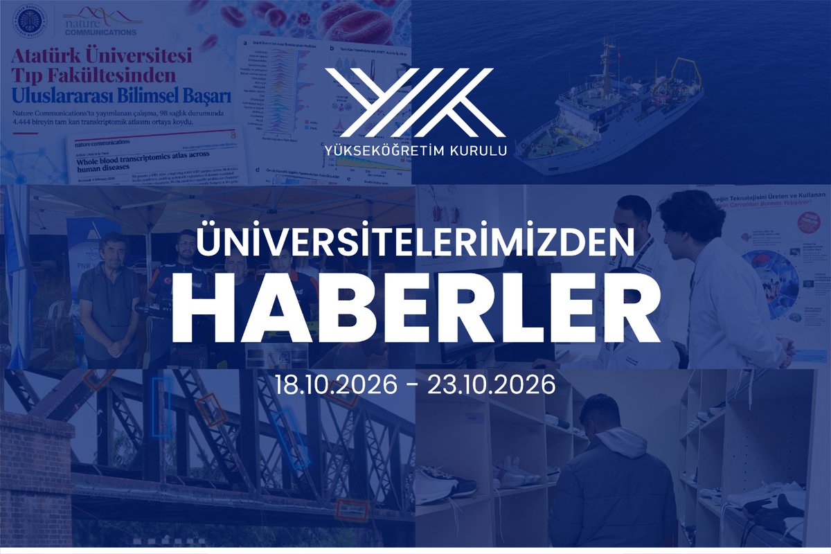 bilimiletisimio's tweet photo. 📅 18.10.2026 - 23.10.2026

📮Üniversitelerimizden Haberler

✨ Üniversitelerimizden haftanın öne çıkanları;

📌 Hastalıkların moleküler izlerini ortaya koyan araştırma Nature Communications’ta yayımlandı @atauni1957 

📌 Deniz araştırmaları ve sualtı kültür mirasının korunmasına katkı @universitemDEU 

📌 Arama-kurtarma çalışmaları için yerli sonar sistemi @ostimteknikuniv 

📌 Beyin cerrahisinde yapay zekâ destekli dijital ikiz teknolojisi @Hacettepe1967 

📌 Köprü güvenliğine yapay zekâ desteği @kocatepeuniv 

📌 İhtiyaç sahibi öğrencilere ücretsiz giyim desteği @hrumedya