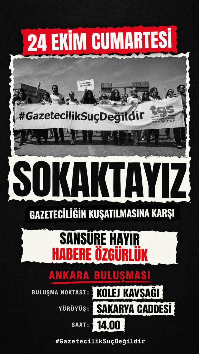 TGS_org_tr's tweet photo. ⚠️ Artık yeter, nefes alamıyoruz!

Gazeteciliğin kuşatılmasına karşı alanlardayız 👇🏼

İstanbul
📍 Kadıköy Boğa Heykeli
🕐 13.00

Ankara
📍 Kolej Kavşağı
🕑 14.00

İzmir
📍 Alsancak Türkan Saylan Kültür Merkezi
🕑 14.00

Van
📍Sanat Sokağı
🕑 14.00

#GazetecilikSuçDeğildir https://t.co/685wrT2toi