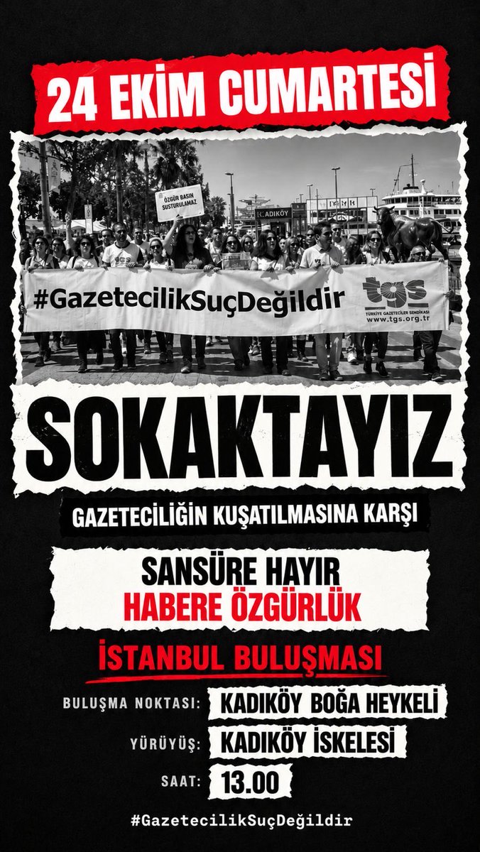 TGS_org_tr's tweet photo. ⚠️ Artık yeter, nefes alamıyoruz!

Gazeteciliğin kuşatılmasına karşı alanlardayız 👇🏼

İstanbul
📍 Kadıköy Boğa Heykeli
🕐 13.00

Ankara
📍 Kolej Kavşağı
🕑 14.00

İzmir
📍 Alsancak Türkan Saylan Kültür Merkezi
🕑 14.00

Van
📍Sanat Sokağı
🕑 14.00

#GazetecilikSuçDeğildir https://t.co/685wrT2toi