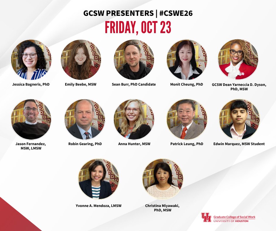 UH_SocialWork's tweet photo. Check out today's GCSW presenters and award-winners at #CSWE26. Visit us at BOOTH 405 to learn about our programs, engage with our presenters and award recipients, and giveaways. We can't wait to see you there!

#UHGCSW #UHSocialWork #CSWE #ChartingOurPathToExcellence #WCYD https://t.co/o5KfIPTZ19