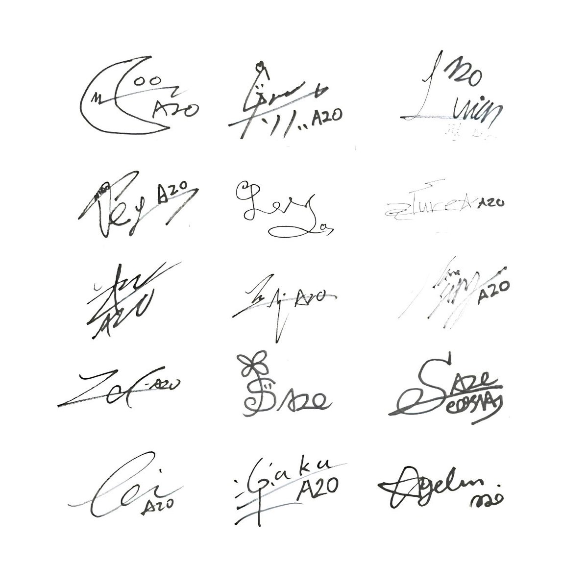 kkaeyangi's tweet photo. here are the fifteen official signatures of the A2O SOUL members! https://t.co/jrsJzRwr3A
