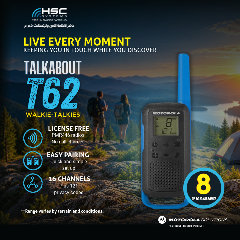 HSCSystem's tweet photo. Live every moment. TALKABOUT T62 keeps you connected wherever the adventure takes you.

#HSCS 
#forasaferworld #uae #abudhabi #dubai #digitaltransformation
#MotorolaSolutions #TALKABOUT #T62 
#WalkieTalkie #OutdoorAdventure 
#ملتزمون_ياوطن
#نتصدر_المشهد https://t.co/Q6mRw6pkJq