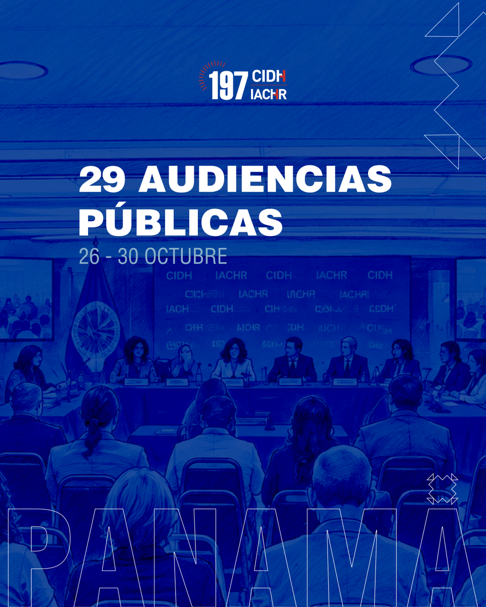 CIDH's tweet photo. La #CIDH agradece a Panamá por ser la sede del #197PeríodoCIDH, que contará con 29 audiencias públicas en las que víctimas, Estados y organizaciones de la sociedad civil abordarán desafíos urgentes en materia de #DerechosHumanos en las Américas.

📅 26 al 30 de octubre
📍 PARLATINO, Av. Amador, Ciudad de Panamá, Panamá.

📝 Regístrate para asistir presencialmente: https://t.co/6uhNH1HUA4
🔴 Sigue las audiencias en vivo por YouTube.

📆 Consulta el calendario: https://t.co/4klY0H9157
