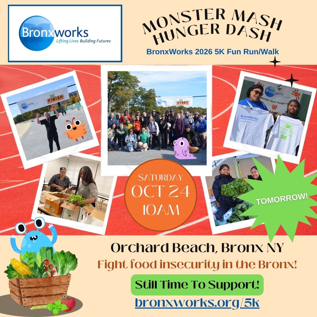 BronxWorks's tweet photo. 🎃 Tomorrow is the BronxWorks 5K Monster Mash Hunger Dash at Orchard Beach in the Bronx! Come for a morning of seasonal fun and community while helping raise funds for BronxWorks programs that combat food insecurity. 🏃‍♀️🏃🎃 Tickets still available: https://t.co/jER6JQSeZD https://t.co/xkSYqHKWHQ