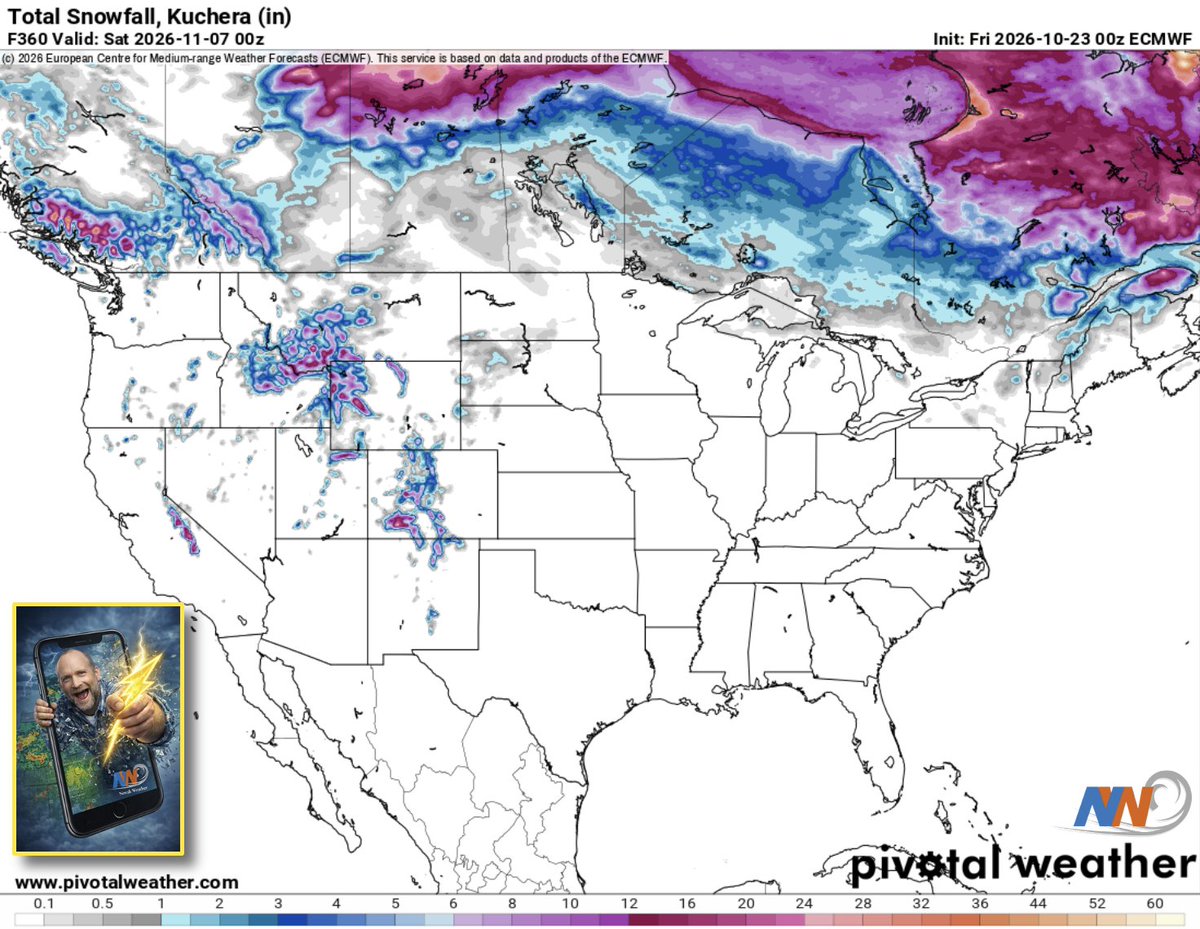 NovakWeather's tweet photo. There are still NO hints of anywhere over the lower 48 of the U.S. Here is the latest 00z ECMWF potential snow map thru the first week of November. Notice that most of the accumulation looks to stay north of the border in Canada. https://t.co/SCuVFulgO7