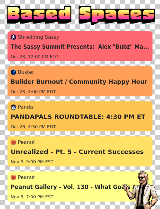 BitHomepage's tweet photo. Mark your calendars for these upcoming @base spaces hosted by @ShreddingSassy @BasedBusterCoin @PandaPals__ @peanutt https://t.co/KczLIpVzPL